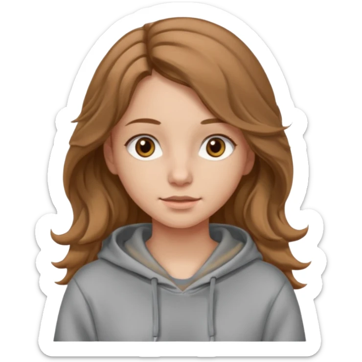Girl with long and light brown hair and wear hoody and her hai is somethig betwwen curly and stright and her eyes is same color with her hair her skin is white sticker