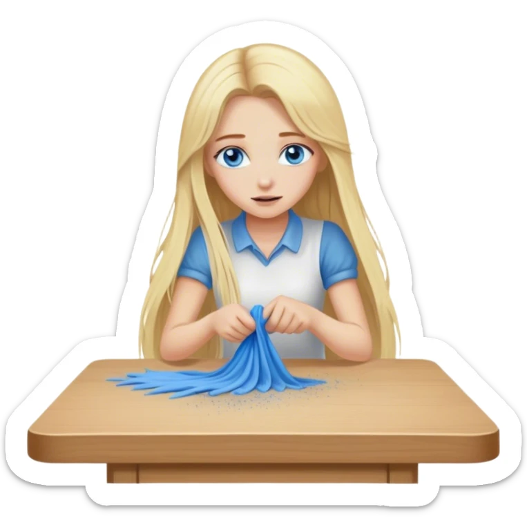 Cinematic realistic blonde with long hair, blue eyes wipes dust off the table sticker