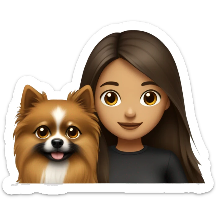 girl with long hair, white skin, brown eyes, working on laptop, while her black-and-tan pomeranian is next to her sticker