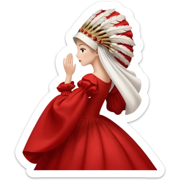 mujer de perfil con un vestido rojo de manga y falsas largas y voluptosas, y una toca blanca GRANDE que no se le ve la cara porque la toca la cubre sticker