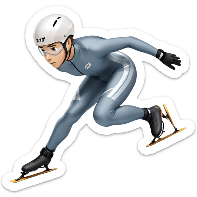 An icon showing a grand arena, snow-covered mountains in the distance, and a crisp blue sky. professional speed skater leaning into a turn on a polished ice track, dressed in a sleek suit and helmet. Transparent background highlights speed and precision. sticker