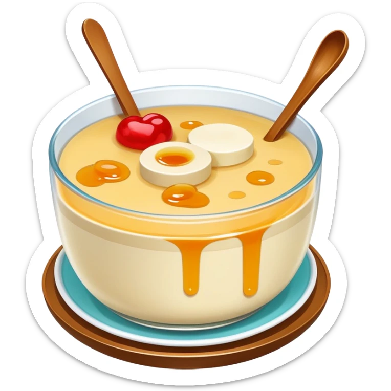 Chinese sweet Douhua tofu pudding with syrup and toppings, simplified emoji style with bold outlines and bright colors, cartoon style soft dessert sticker