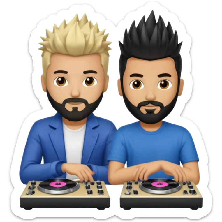 Two male dj’s, one with a long spiky Blonde hair, the second one black short hair and black beard sticker