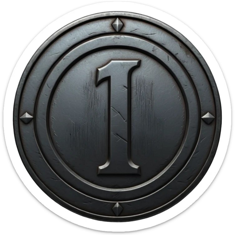 Minimal emoji, gothic metal coin made of black steel, engraved number 1 at the center, ancient industrial aesthetic, worn metal texture, no glow, no neon, flat emoji design, centered, transparent background sticker