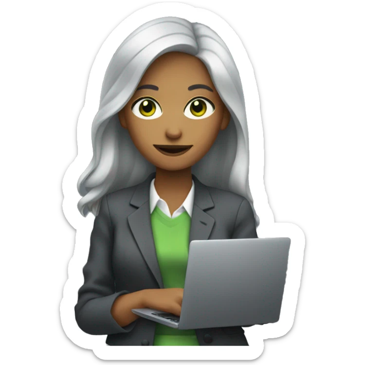 girl with gray hair, green eyes, in a suit with a laptop sticker