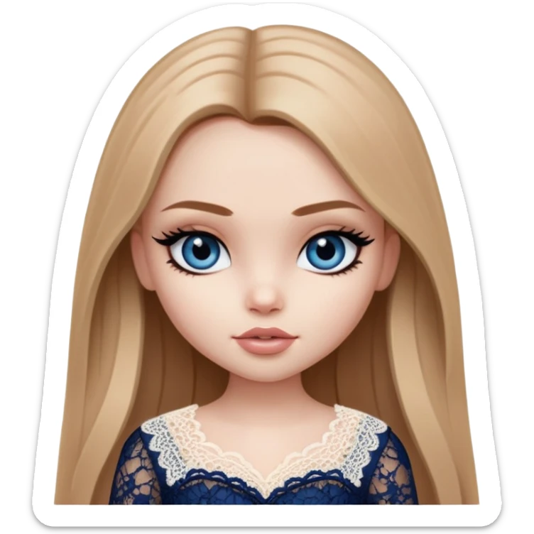 pretty bratz girl, long straight light brown hair, dark blue eyes, black eyeliner, pale skin, light girly lace clothes sticker