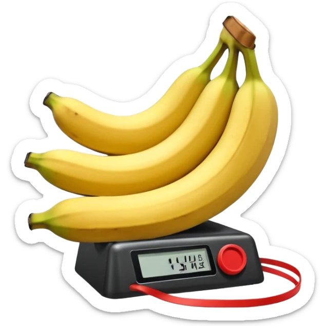 Bomba de dinamite ilustrada com seis bananas vermelhas presas por fitas pretas. Possui um cronômetro digital central marcando "00:00:03" e fios coloridos em espiral saindo das extremidades. sticker