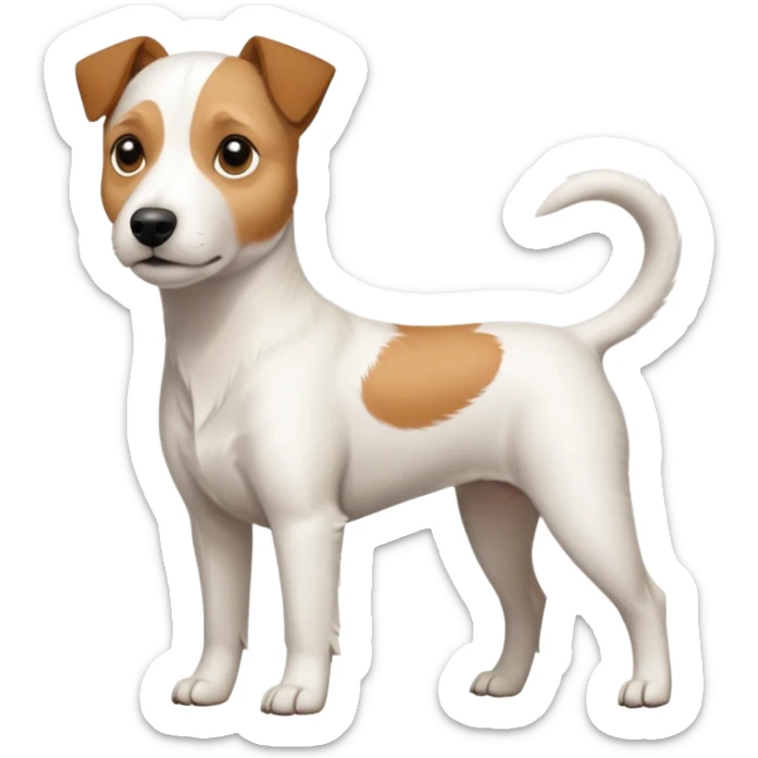 a full body slightly chubby white parson russell terrier looking dog the size of a kelpie with light brown long ears and a light brown patch on one eye and a large snout sticker