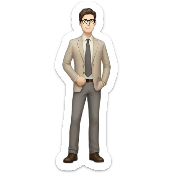Full height Pale skinned Fit Man With dark brown hair in gray jacket, beige office shirt, tie, Brown pants and vintage glasses. Thrumbs of his palms directed up sticker