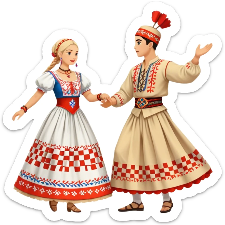 Cinematic Realistic scene of two performers engaging in the Croatian Linđo folk dance, adorned in vibrant traditional costumes with intricate patterns and accessories, captured in graceful, synchronized motion under festive natural lighting. sticker