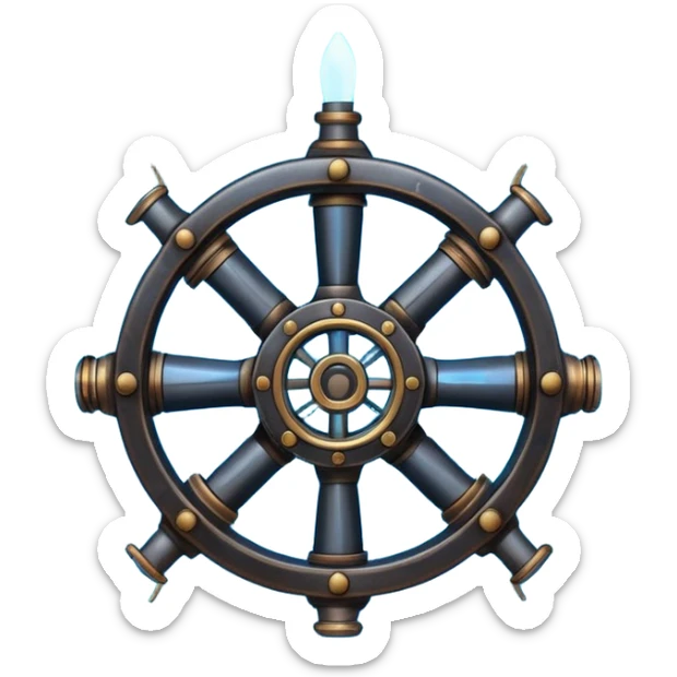 A Discord emoji of a black iron mechanical propeller or anchor with glowing blue energy lines. Steampunk-gothic fusion, high visibility, white background. sticker