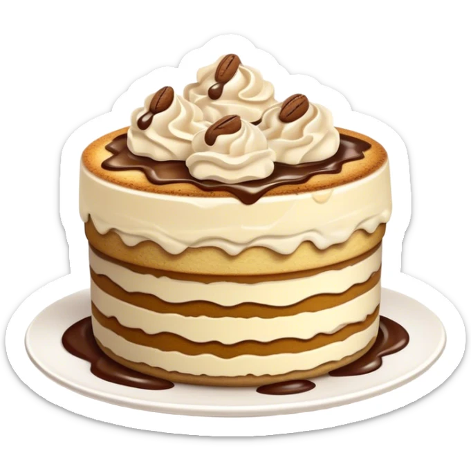 Tiramisu Cinematic Realistic Tiramisu Dessert Emoji, depicted as a delightfully messy, layered tiramisu with coffee-soaked sponge and mascarpone cream, rendered with rich textures and warm, indulgent lighting. sticker