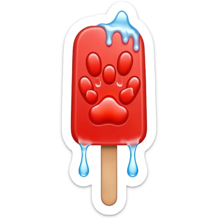 A water ice pop is shaped like a red animal paw and has an ice pop stick at the bottom. sticker