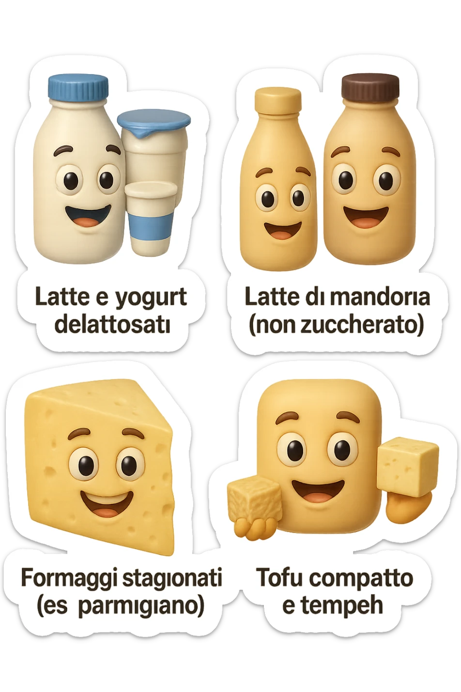 emoji stile iphone 3d di questi elementi che fluttuano in aria:

Latte e yogurt delattosati
Latte di mandorla (non zuccherato)
Latte di soia da proteine isolate
Formaggi stagionati (es. parmigiano)
Tofu compatto e tempeh
 che fluttuano in aria,  le etichette scrivile in italiano, iperealistico 4k sticker