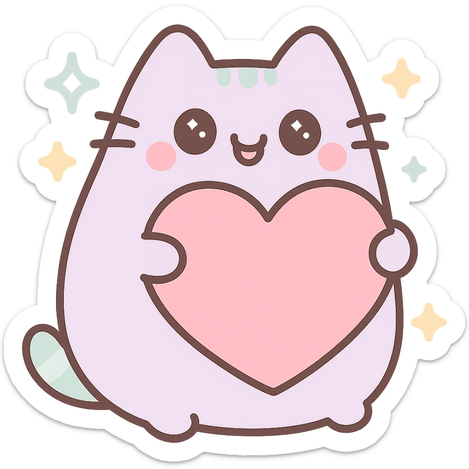 Add sparkles around Pusheen and the big heart, keep pastel purple and mint, extra cute, kawaii style, with no background sticker