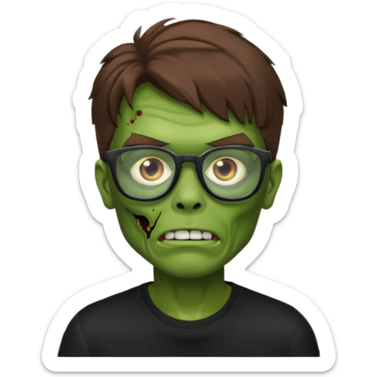 Green zombie, brown hair, black glasses, black shirt. iOS style. sticker