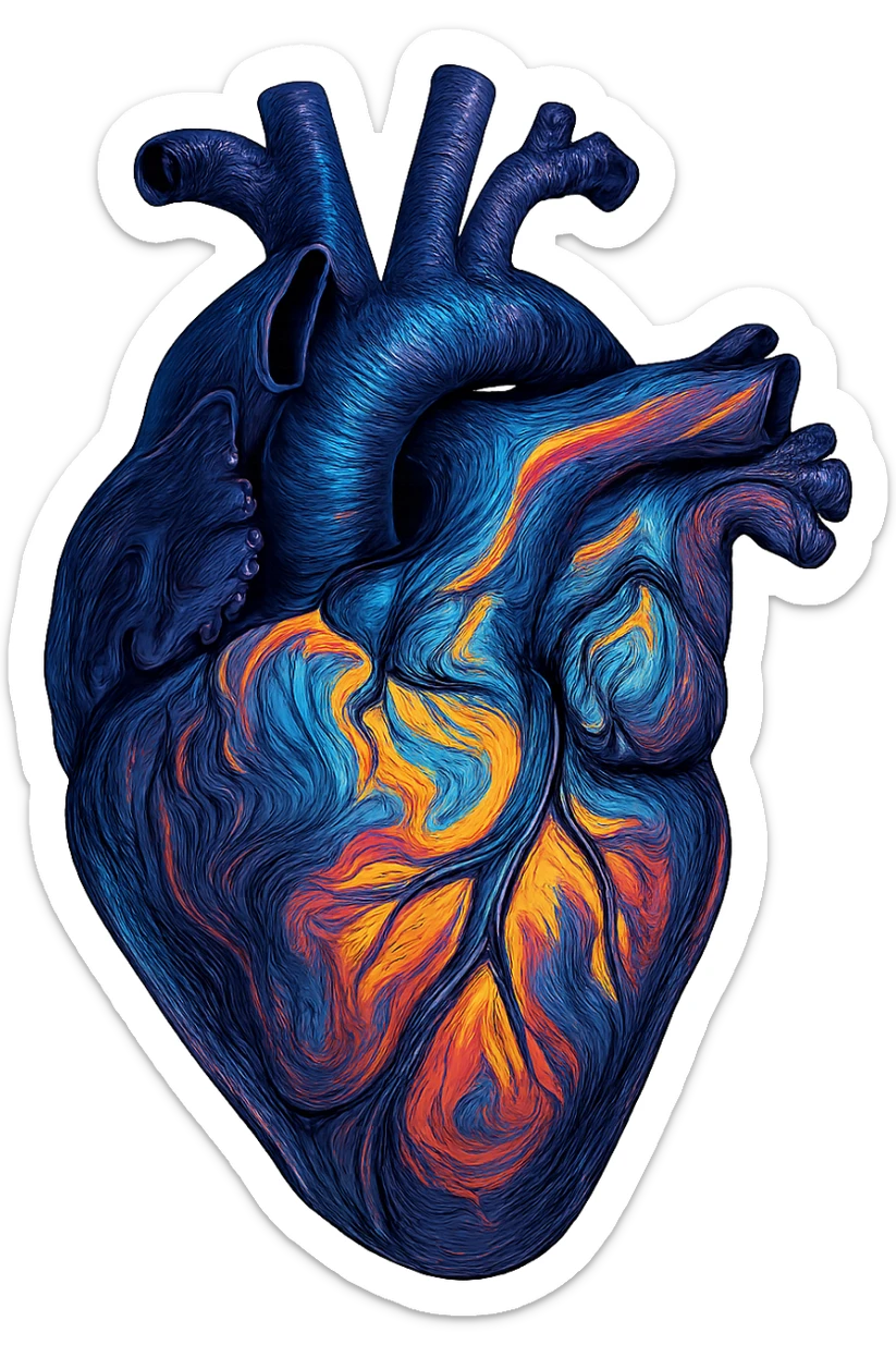 realistic digital art of a heart with a swirling oil slick pattern, no background sticker