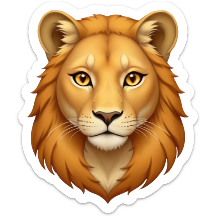 Cinematic Noble Lioness Portrait Emoji, Poised and regal, with a graceful, athletic build and a sleek, tawny Fur, piercing soulful amber eyes, Simplified yet sharp and sophisticated features, highly detailed, glowing with a warm, dignified glow, high shine, intelligent and fierce, stylized with an air of wild elegance, focused and attentive, soft glowing outline, capturing the essence of a watchful and confident lioness, so majestic it feels as though it could silently prowl out of the screen with effortless authority! sticker