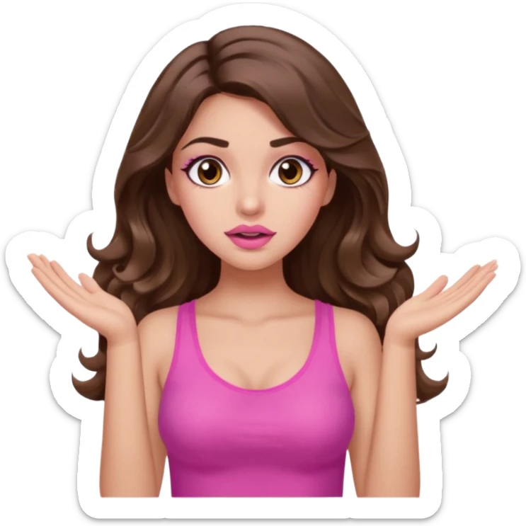 girl with long wavy brown hair, brown eyes, long lashes makeup, sexy pink lips, light to medium complexion, pink sexy top, two hands up, shrugging, confused sticker