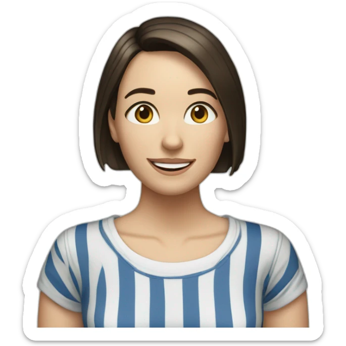 caucasian woman with dark brown hair a bob haircut, braces on teeth, blue and white striped t shirt sticker