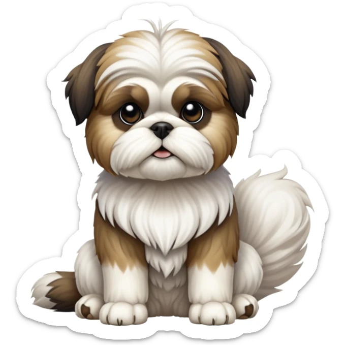 cinematic-[Shish tzu]-realistic-full-body-sitting-emoji,-tail-resting-loosely-beside-its-paws,-head-tilted-dramatically, -scruffy-[white]-fur,-simplified-yet-realistic-focused-features,-highly-detailed,-glowing-with-an-almost-sarcastic-glow sticker