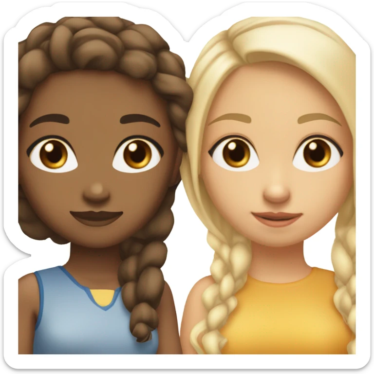 skinny mixed girl with brown eyes and brown hair with 2 blonde streaks in front of her hair , sitting next to another more lighter mixed girl who has blonde hair and blue eyes , and their best friends sticker