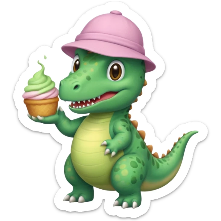 quiero un dinosaurio divertido con delantal y gorro de pastelero y en la mano un pastel sticker