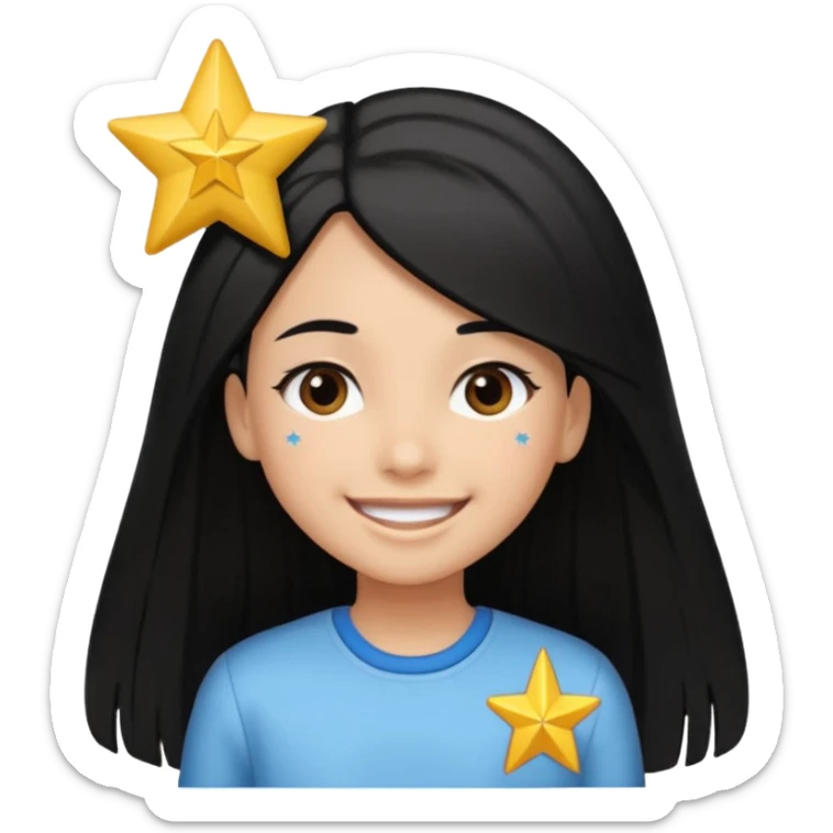 A girl in white with black long straight hair with star hairclip and light brown skin sticker