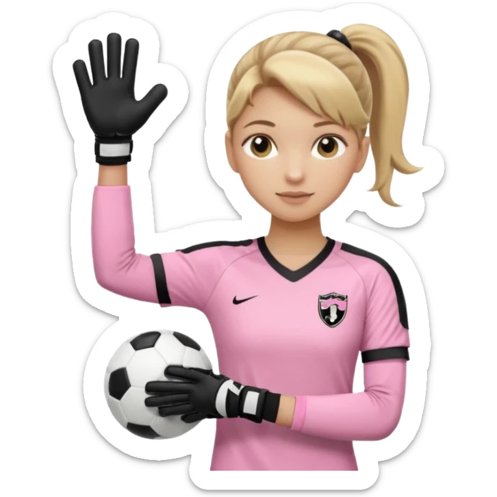 Make a dirty blonde football goalkeeper with goalkeeper gloves on holding a regular  The girl is light skinned and wearing a light pink football. Wearing a ponytail on back of head. Make it without the whole body. With full sleeves. WITHOUT A RUGBY BALL JUST REGULAR BLACK AND WHITE BALL. sticker