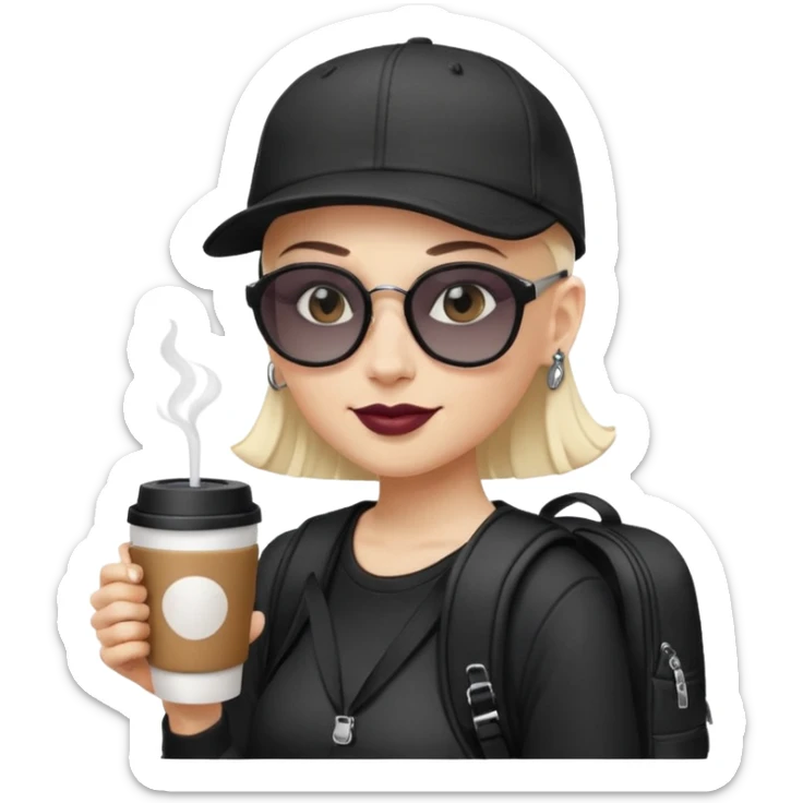 ["A happy woman with light skin, bald, wearing a baseball cap and sunglasses, dressed in goth fashion, is drinking coffee while holding a backpack."] sticker