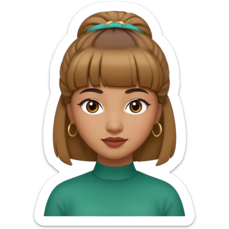 In Apple Memoji format, a girl with bangs and her hair in a bun. The girl has light brown skin and arab ethnic features sticker