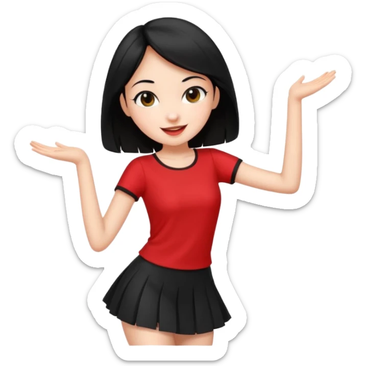 Chicas esbelta con falda corta negra y top rojo,pelo semi largo negro y lacio  super feliz,pero bailando sticker