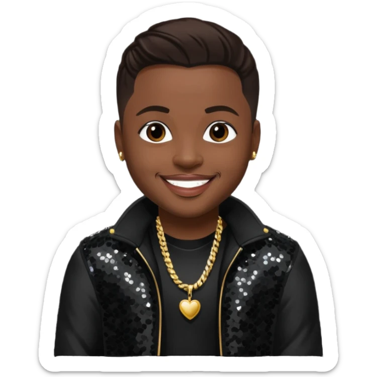 Nokio from Dru Hill with dark brown hair, black sequin outfit, dark skin sticker