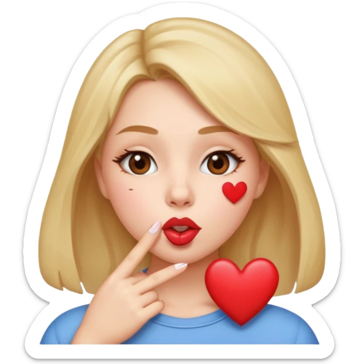 Emoji, girl's face blowing a kiss, puckered lips, small heart sticker