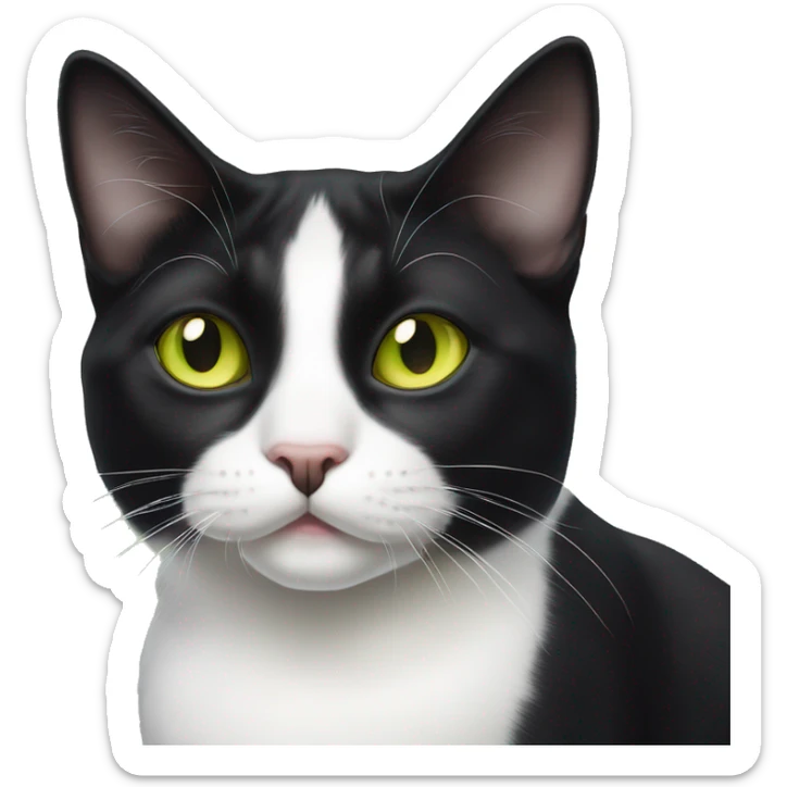 Cute black and white tuxedo cat with yellow green eyes and a chin spot sticker