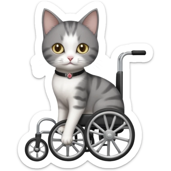 full body small short hair dark grey and white cat with hazel eyes walking in a wheelchair for cats sticker