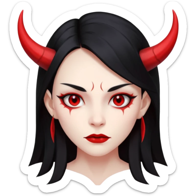 Head only demon girl: ENTIRE skin flat solid red, long straight sleek black hair, sharp cheekbones/jaw, small horns; centered, no body, no text. sticker