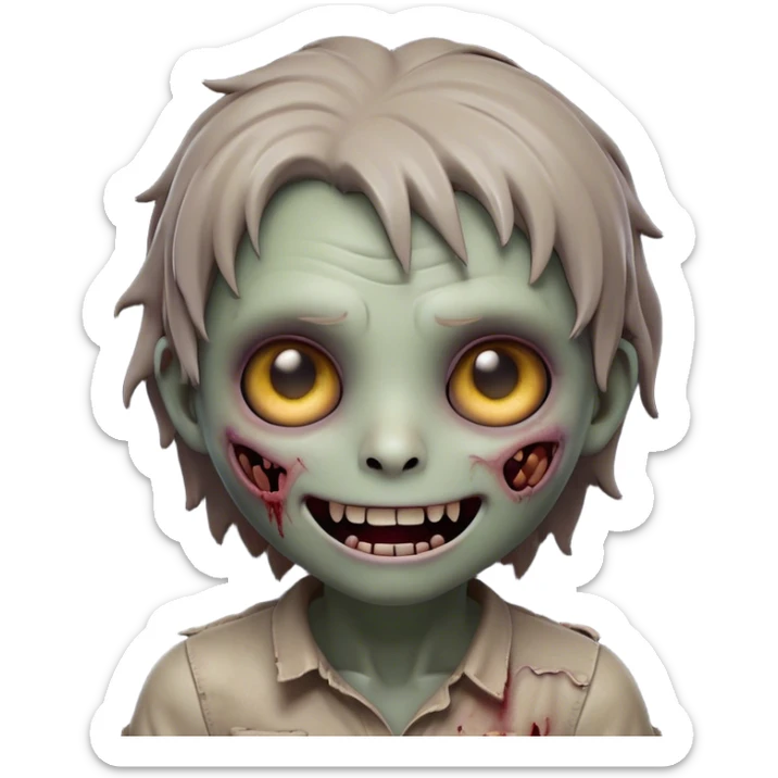 Cinematic Cute Zombie Portrait Emoji, with a delightfully quirky, slightly disheveled face in muted ashen hues, featuring quirky bright eyes and a playful, stitched-together smile, simplified yet irresistibly charming, highly detailed with a soft glowing outline that captures the adorable, offbeat spirit of a zombie who’s more cute than creepy! sticker