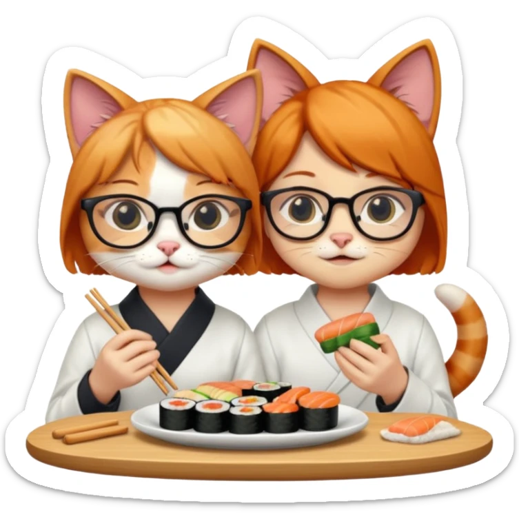 cute girl cat wearing glasses and a cute boy cat eating sushi together sticker