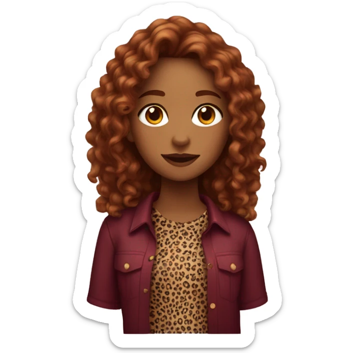 Girl with long burgundy, curly hair, wearing a cheetah print shirt sticker
