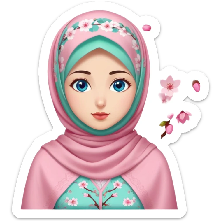 Turkish beautiful finish Konya girl blue eyes with cherry blossom floral pink and mint hijab islamic dress and with yummy Drooling face on the table sticker