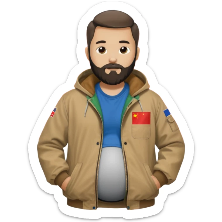 Bearded man rubbing pregnant belly poking out of a chinese flag shirt wearing a tan canvas carhartt jacket sticker
