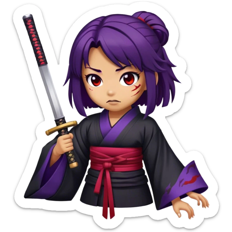 A samurai girl with deep purple hair, black kimono, holding a bloodstained katana sticker