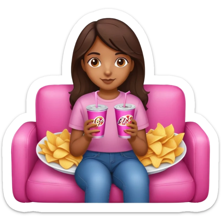 home brown girl with plate of chips and one soda drink in her hands, sitting at the pink sofa sticker
