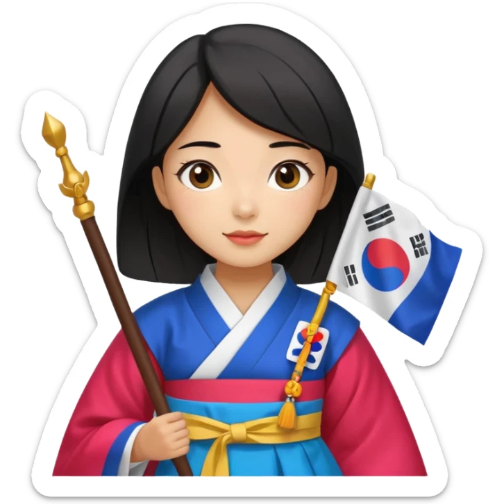 black hair girl with colorful hanbok holding south korea flag with white background sticker