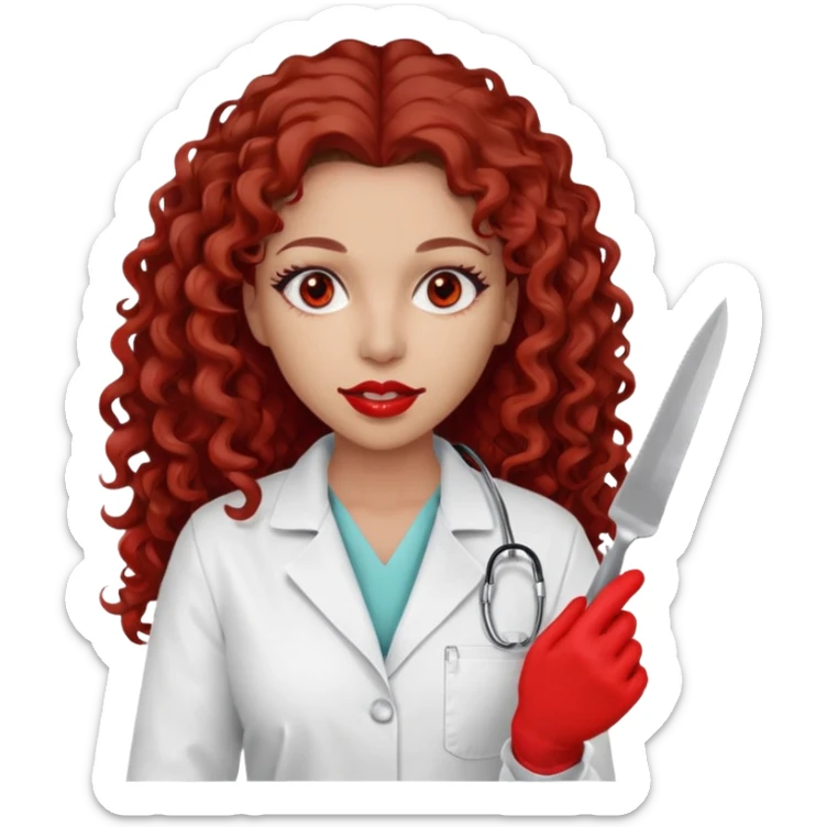 0Scary woman scalpel in hand, evil surgeon sexy surgeon clothes.  She has red eyes. Her  brown long curly hair. Wears sexy doctor outfit with red gloves. make her hair free and brown but she  wear mouth cover   to hide. Wears white surgeon jacket and  only   death long , long beown hair  sticker
