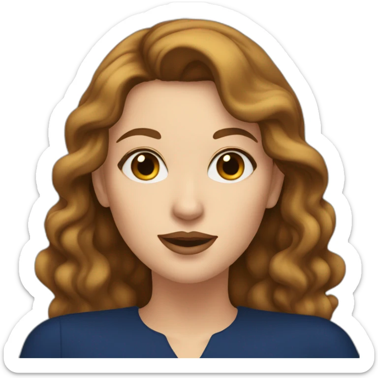 A white woman with brown hair, making an air kiss, wearing long earrings and a dark blue dress sticker