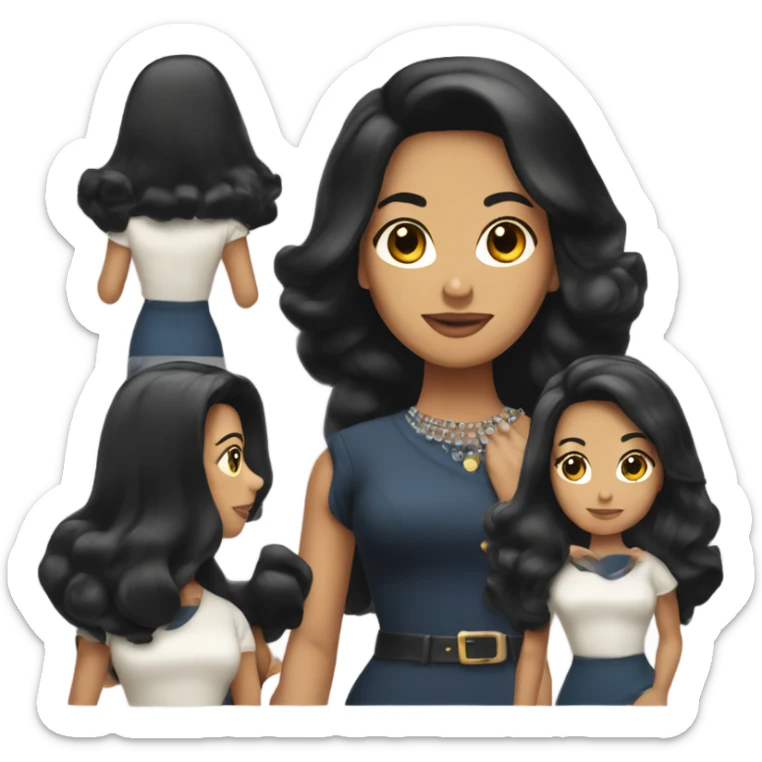 Tanned woman with long black hair wearing 1960s style outfit and hair sticker