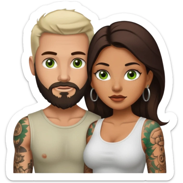 Brown eyed Latina woman with pierced nipples and tattoos having sex white a white man with green eyes and a beard  sticker