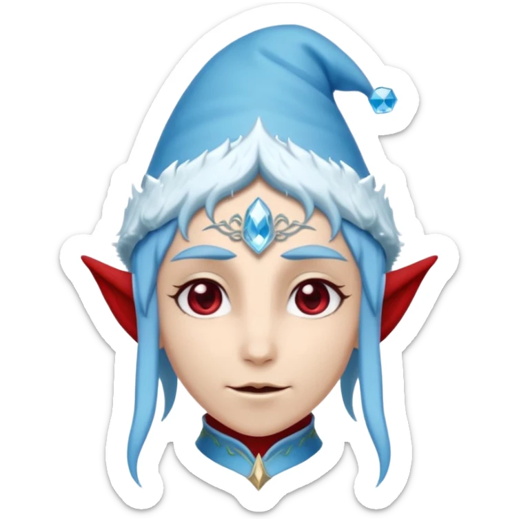 Fantasy elf portrait emoji, Santa Claus hat with icy frost edges, thin icy crystal crown with deep red accents under the hat, elegant elven features, cold noble winter expression, icy blue and crimson color palette, minimal clean design, flat readable emoji style, male/female variant
 sticker